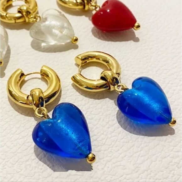 Blue Art Glass Heart Earrings - Picture 3 of 5